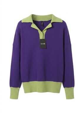 STYLEWE Womans Purple Sweater with Light Green Collar and Trim